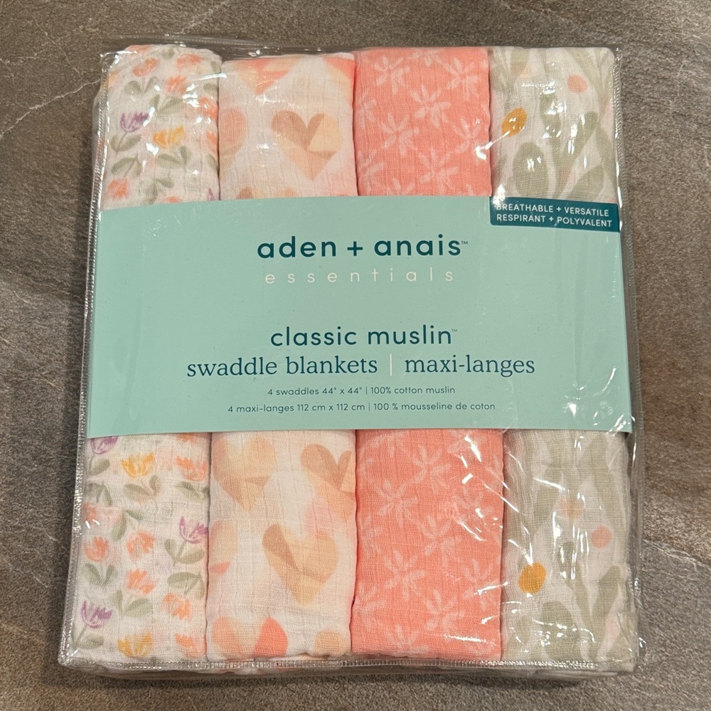 aden + anais Essentials Muslin Swaddle Set - Floral and Heart Patterns - NWT